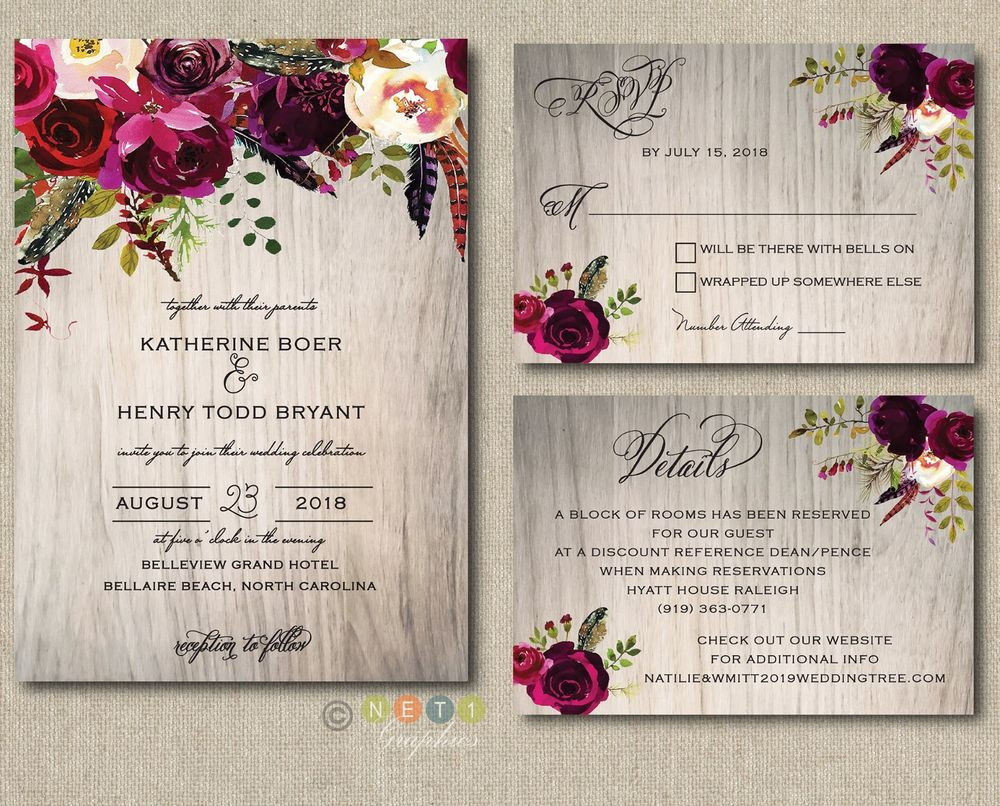 Personalised Wedding Invitations
 100 Personalized Wedding Invitations Rustic Wood Burgundy