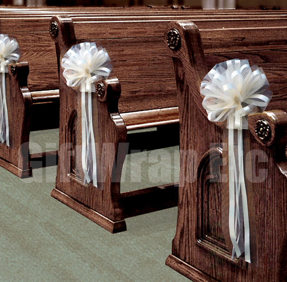 Pew Decorations For Church Wedding
 6 LARGE IVORY PEW PULL BOWS NET TULLE PERFECT CHURCH CHAIR