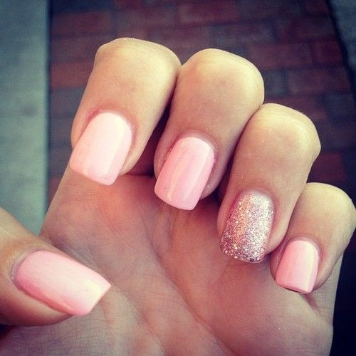 Pink And Glitter Nails
 Baby Pink Nails with Glitter on the ring finger