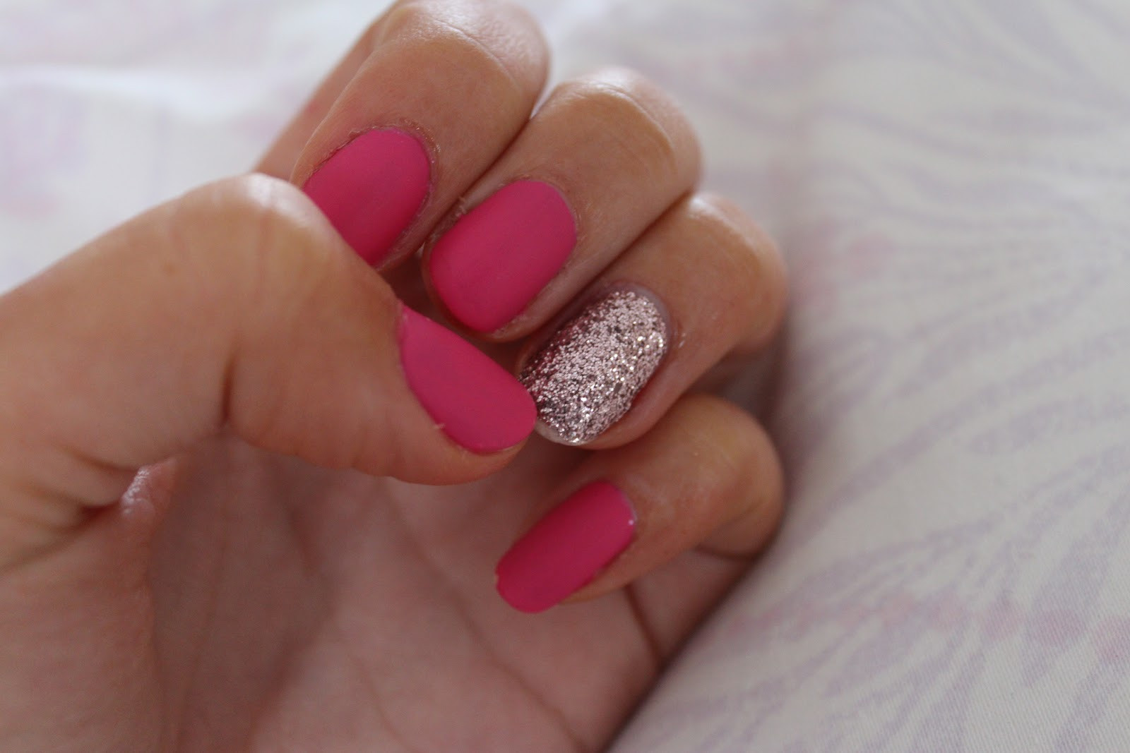 Pink And Glitter Nails
 Cover Shoot Nail Art Matte Pink and Glitter