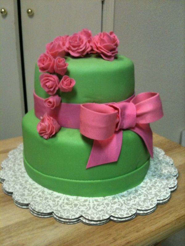 Pink And Green Birthday Cake
 Cute pink and green cake with flowers and a bow I wannna