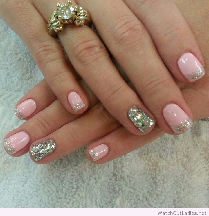 Pink And Silver Glitter Nails
 Botanic nails light pink silver glitter tips