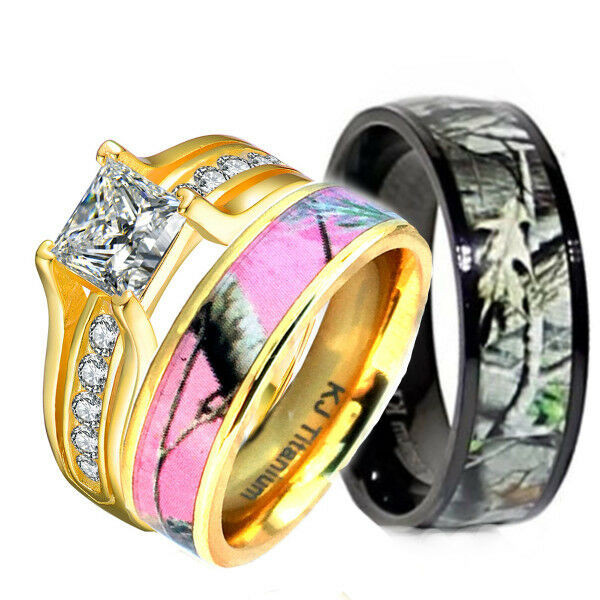 Pink Camo Wedding Ring Sets
 His & Hers 3 pcs Pink Camo 14K Gold Plated Silver