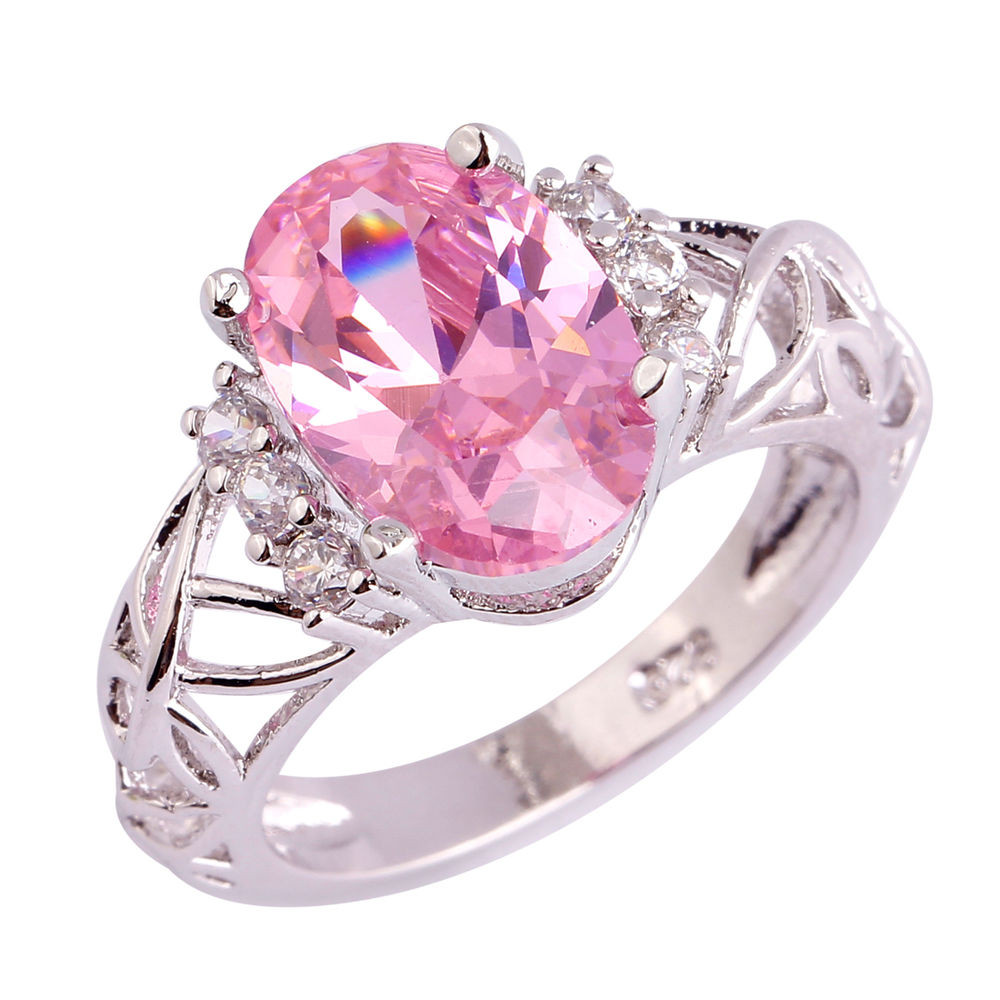 Pink Gemstone Rings
 Fangle Pink White Topaz Gemstone Silver Jewelry Women Ring