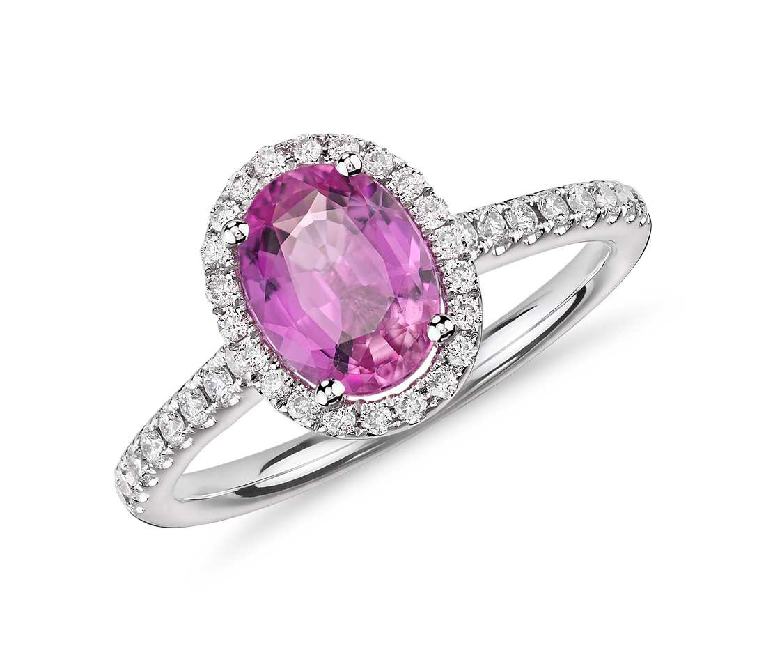 Pink Gemstone Rings
 Pink Sapphire and Micropavé Diamond Halo Ring in 14k White