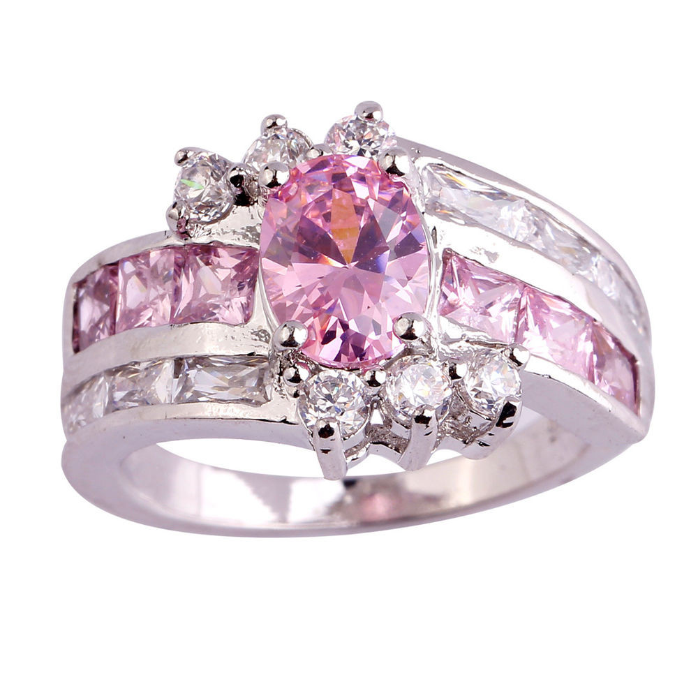 Pink Gemstone Rings
 Oval Pink & White Gemstone Fashion Women AAA Silver Ring