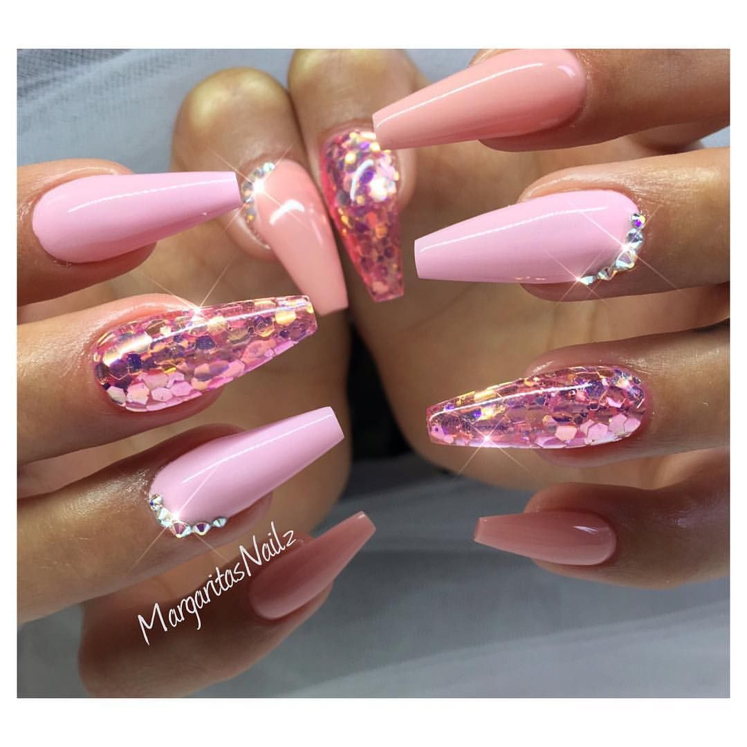Pink Glitter Coffin Nails
 Pink and glitter coffin nails by MargaritasNailz nail art