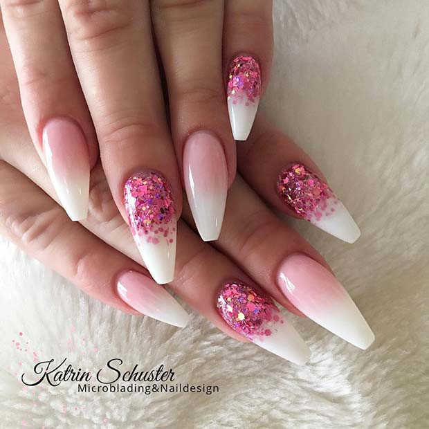 Pink Glitter Ombre Nails
 23 Creative Ways to Wear Pink and White Nails