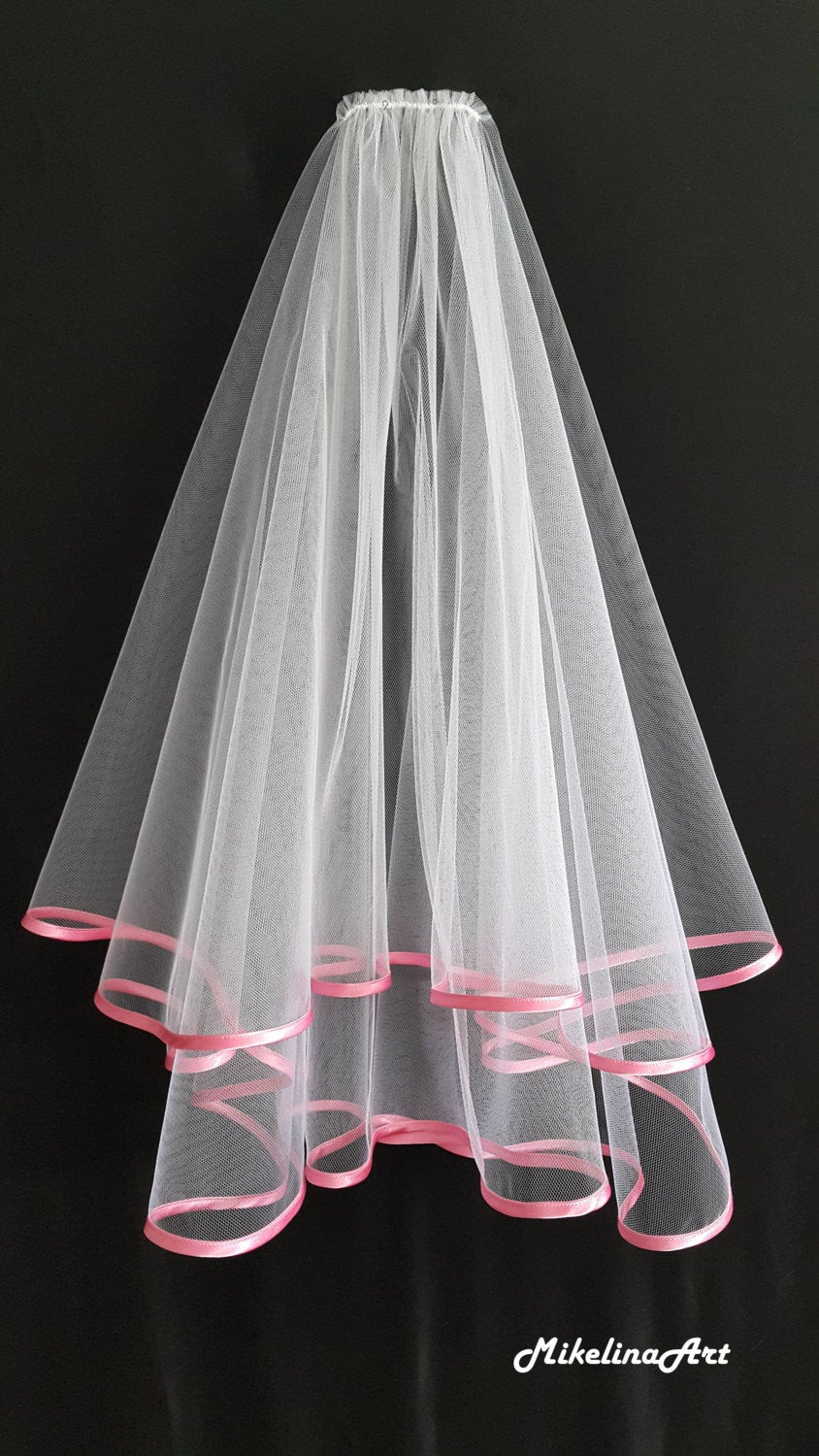 Pink Wedding Veil
 White Wedding Veil Two Layers Pink Satin Edging