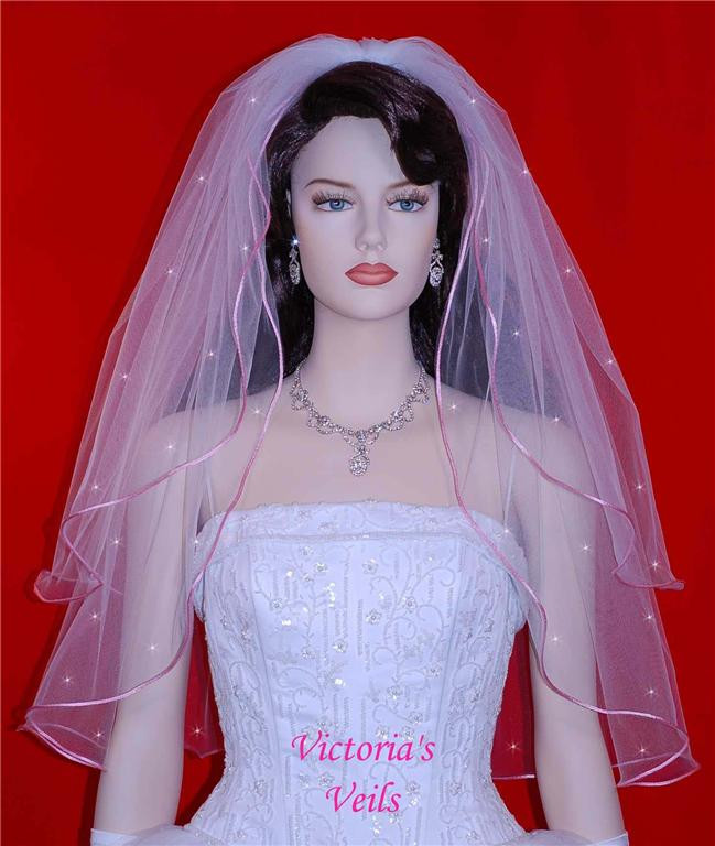 Pink Wedding Veil
 2 TIER PINK TRIM SWAROVSKI CRYSTAL WEDDING BRIDAL VEIL 25