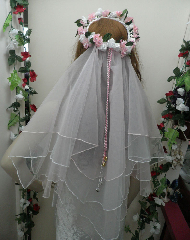 Pink Wedding Veil
 Fairytale Bridal Veil 2 Layer Pink & White Flower Halo