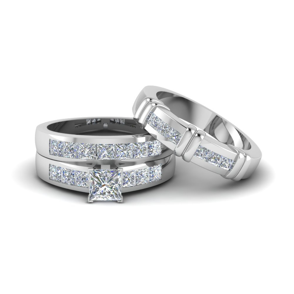 Platinum Wedding Bands For Her
 Princess Cut Diamond Trio Matching Ring For Him And Her In