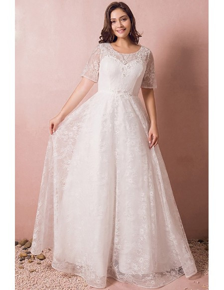 Plus Size Wedding Gowns Cheap
 Modest Lace Short Sleeve Plus Size Wedding Dress With