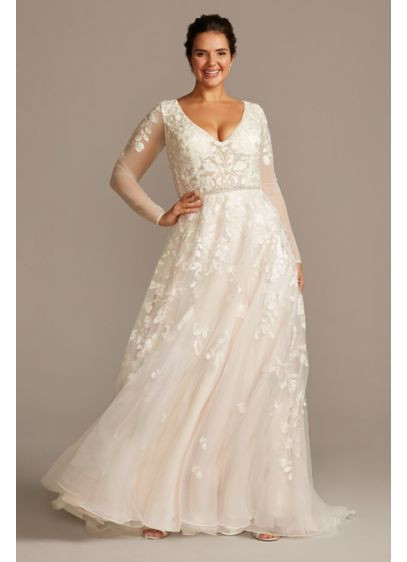 Plus Size Wedding Gowns With Sleeves
 Illusion Sleeve Plunging Plus Size Wedding Dress