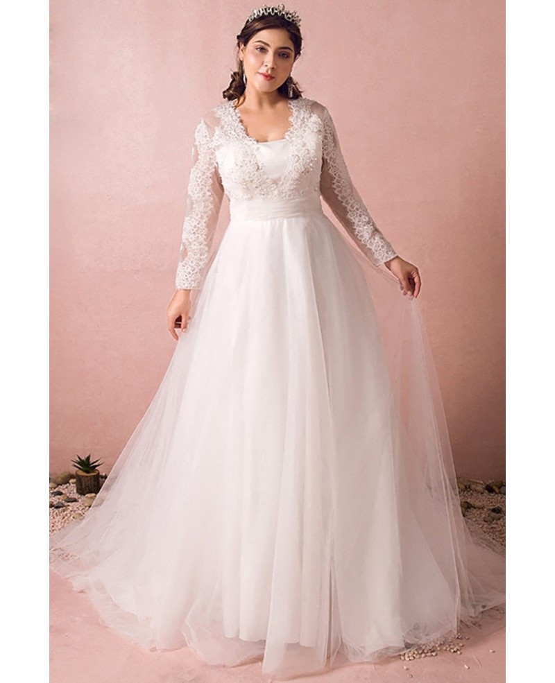 Plus Size Wedding Gowns With Sleeves
 Modest Long Lace Sleeve Plus Size Wedding Dress Tulle