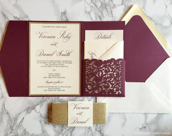 Pocket Invitations Wedding
 Laser Cut Pocket Wedding Invitation Burgundy and Gold Glitter