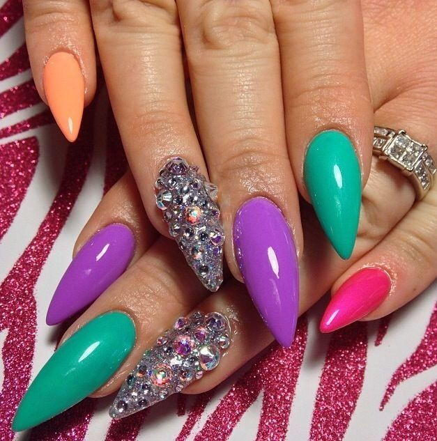Pointy Nail Colors
 Love the different colors with rhinestone accent nails