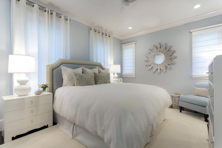 Popular Paint Colors For Bedrooms
 White and Blue Bedroom with Silver Sunburst Mirror