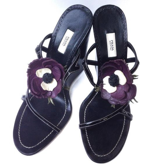 Prada Wedding Shoes
 Prada Purple Leather Flower Slide Wedge Wedding Shoes