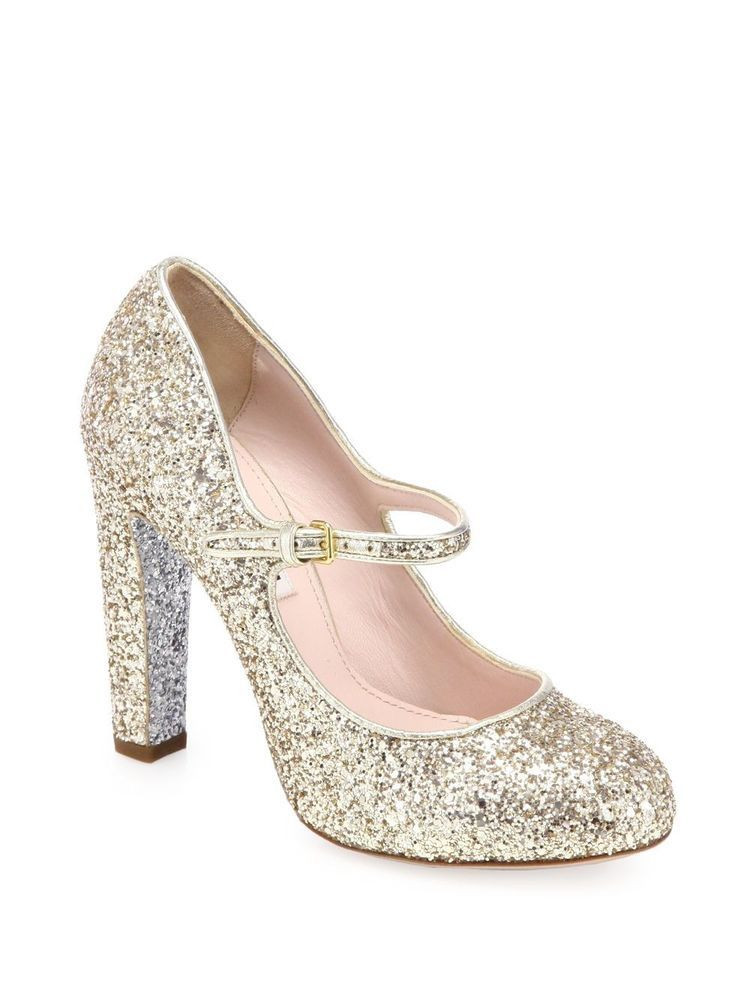 Prada Wedding Shoes
 Miu Miu Prada Classic Mary Jane Gold Glitter Silver Heel