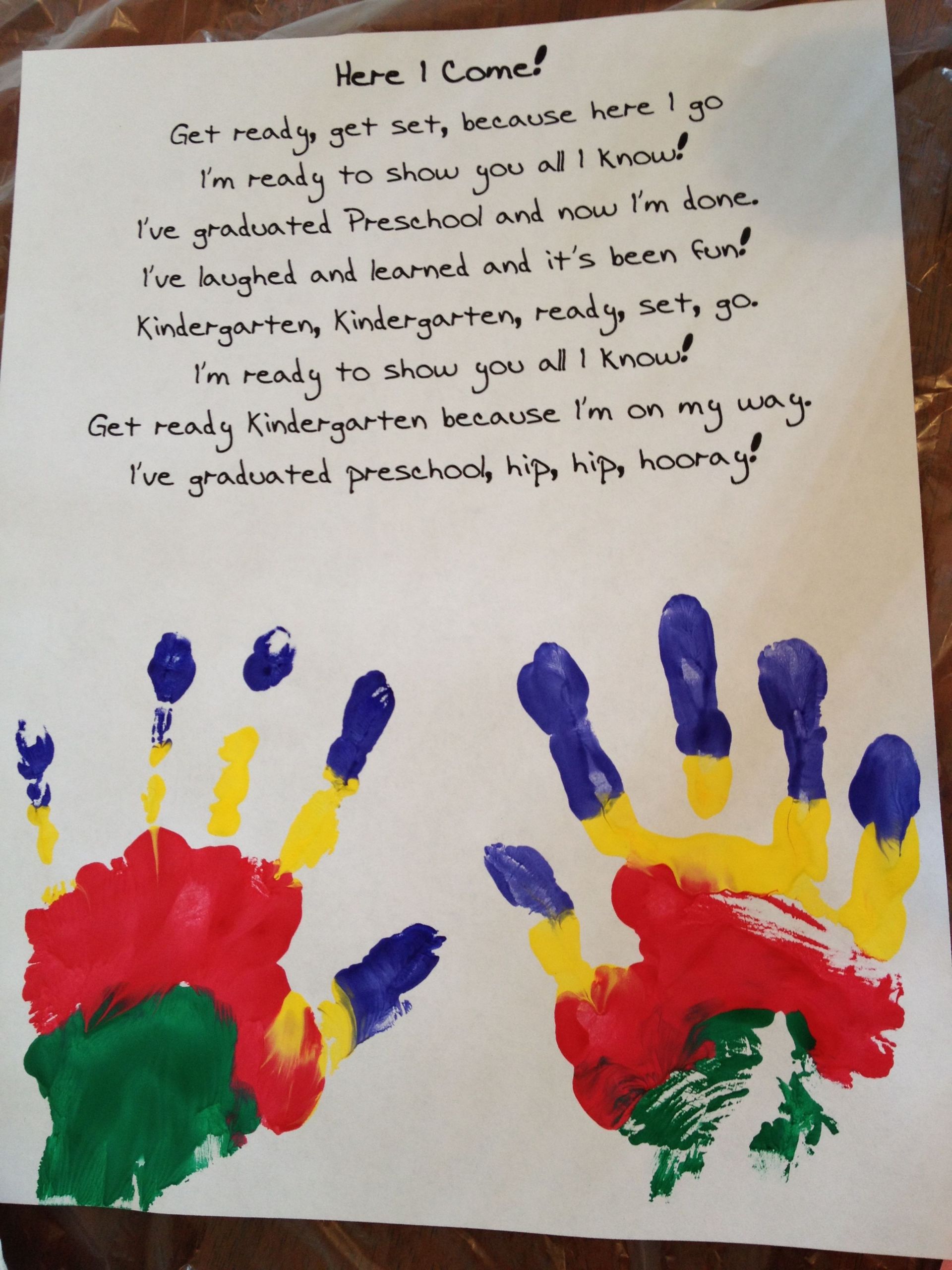 Pre K Graduation Gift Ideas From Teacher
 Preschool graduation poem and handprints