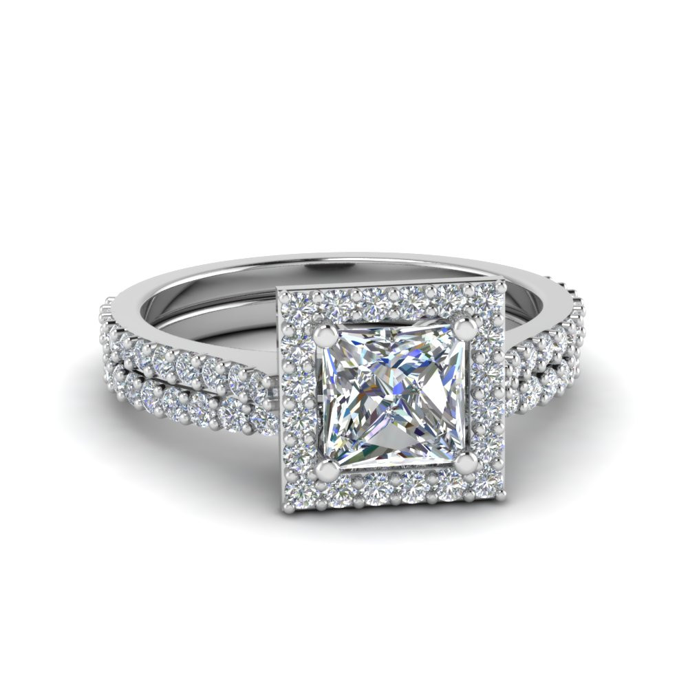 Princess Cut Diamond Bridal Sets
 Delicate Princess Cut Halo Diamond Bridal Set In 14K White