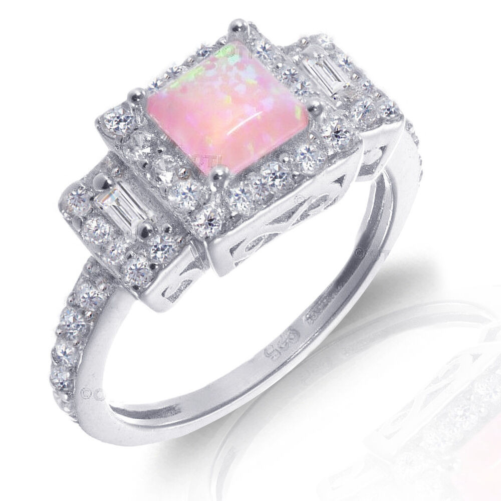 Princess Cut White Gold Engagement Ring
 White Gold Princess Cut Promise Engagement Pink Fire Opal