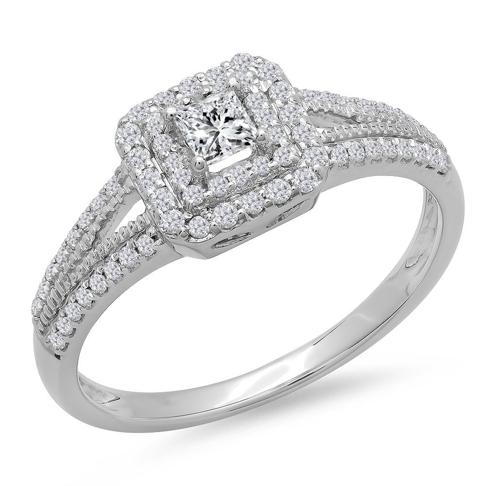 Princess Cut White Gold Engagement Ring
 14K White Gold Princess & Round Cut Diamond Halo