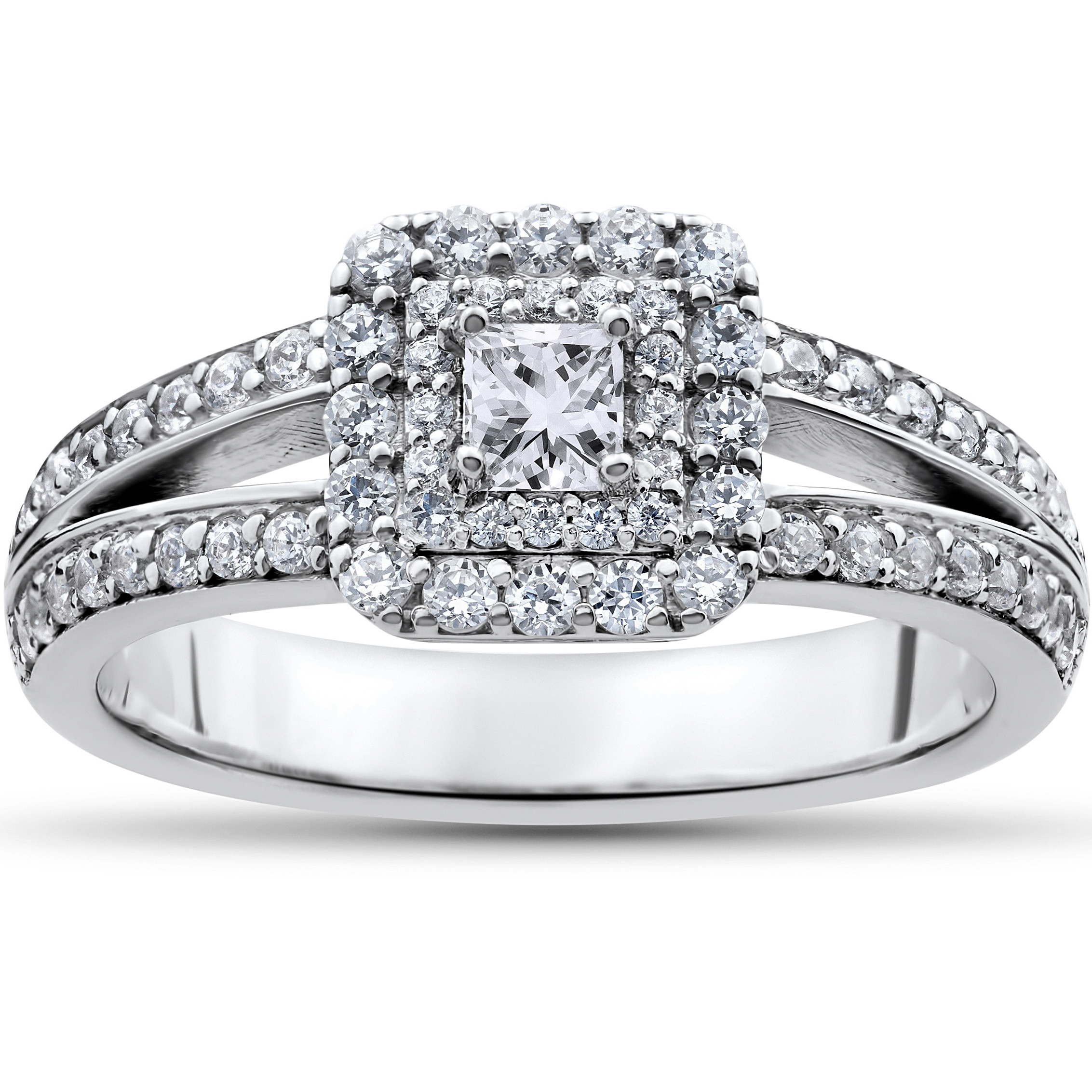 Princess Cut White Gold Engagement Rings
 1 ct Princess Cut Diamond Double Halo Engagement Ring 14k