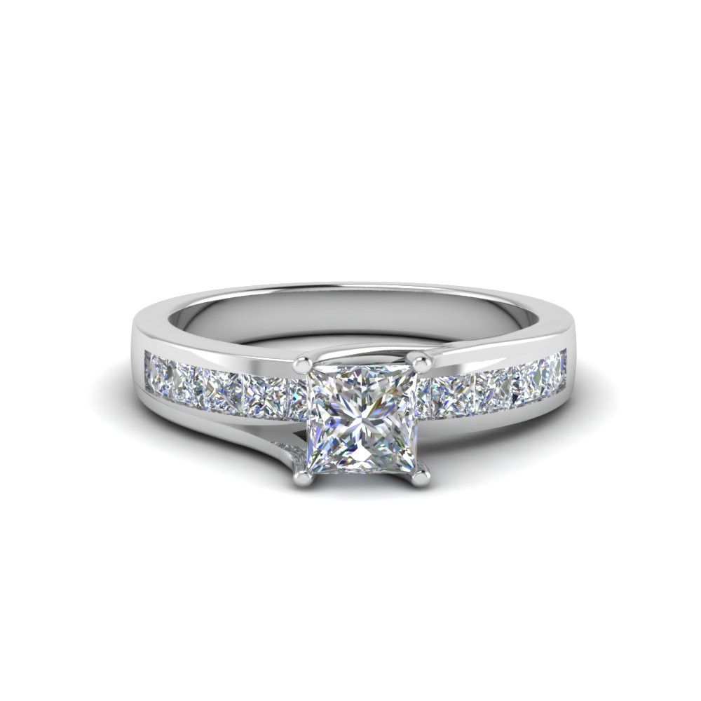 Princess Cut White Gold Engagement Rings
 Princess Cut Channel Accent Diamond Engagement Ring In 14K