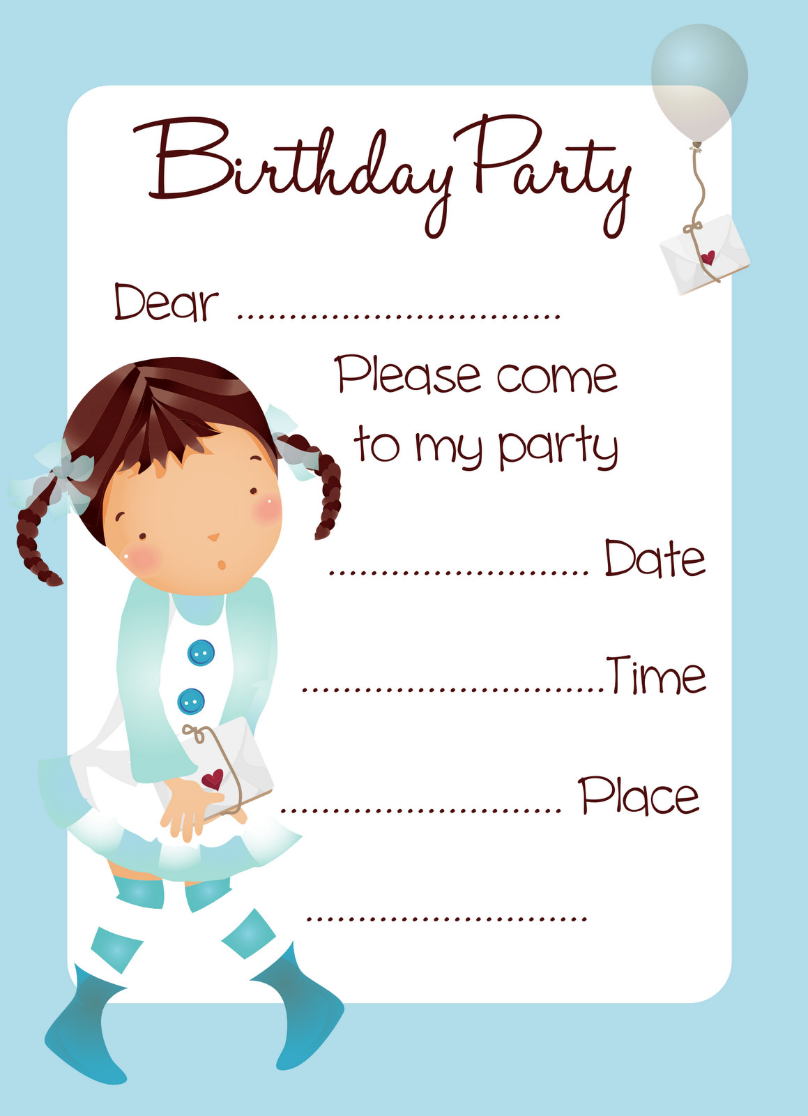 Printable Birthday Invitation Cards
 Free Balloon Girl Birthday Party Invitation Printable