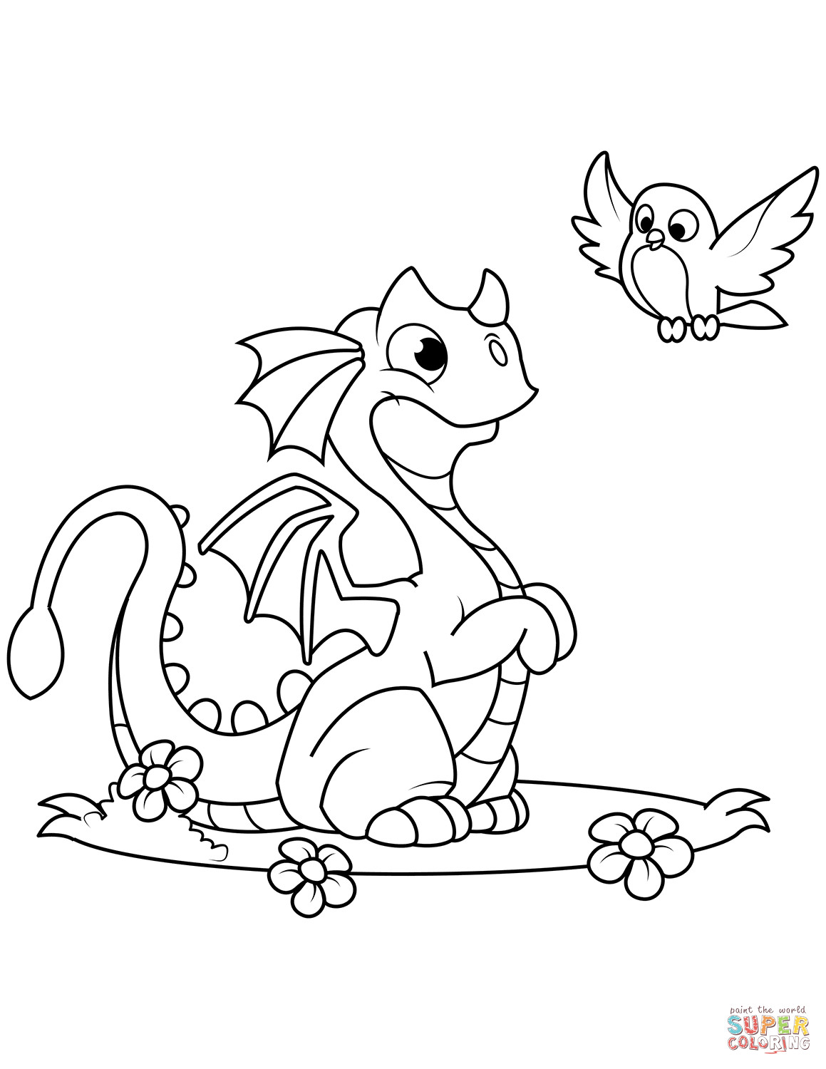 Printable Dragon Coloring Pages
 Cute Dragon and Bird coloring page