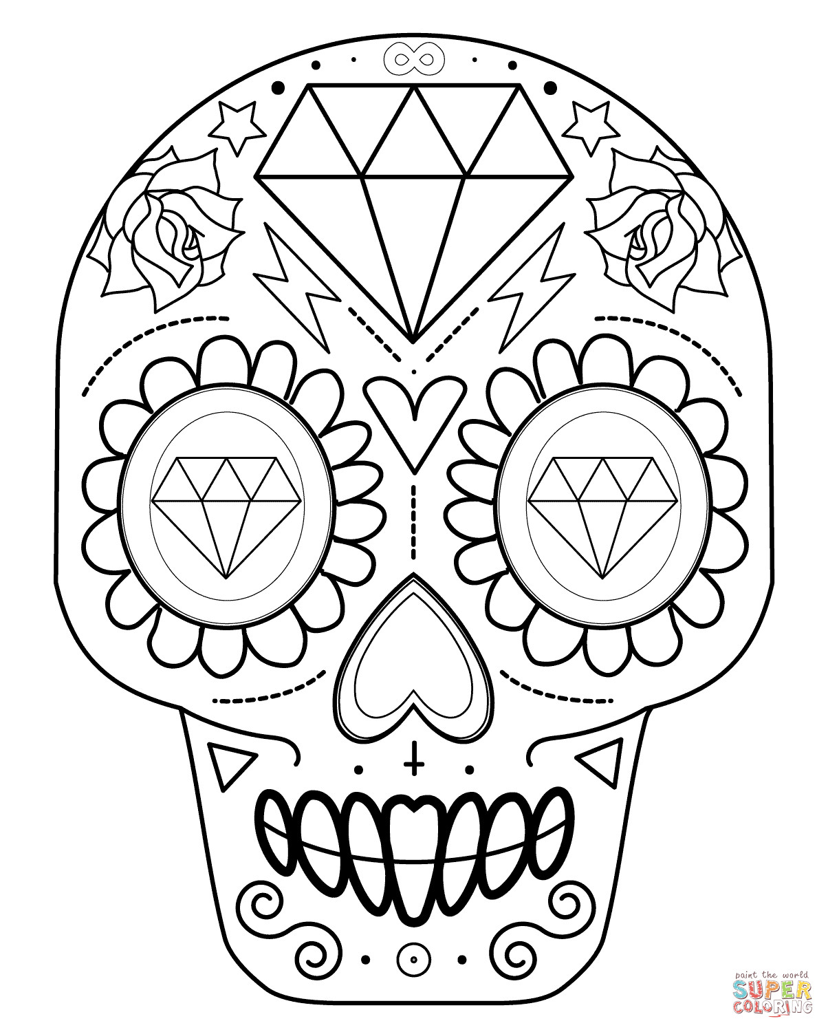 Printable Sugar Skull Coloring Pages
 Sugar Skull with Diamonds coloring page