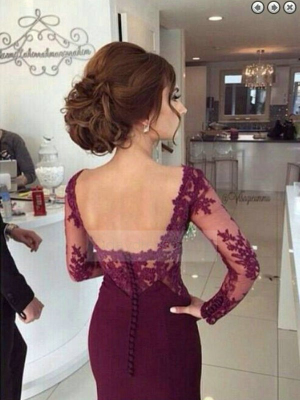 Prom Hairstyles For Open Back Dress
 ItemBg Dark Red Long Sleeves Lace Open Back Mermaid