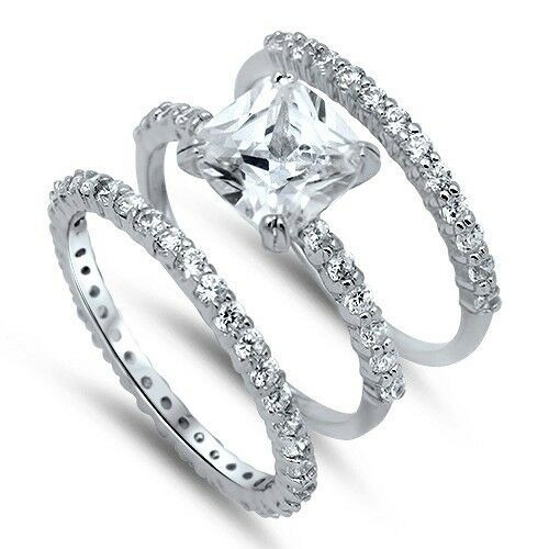 Promise Ring Engagement Ring And Wedding Ring Set
 925 Sterling Silver Princess Cut Clear Cubic Zirconia