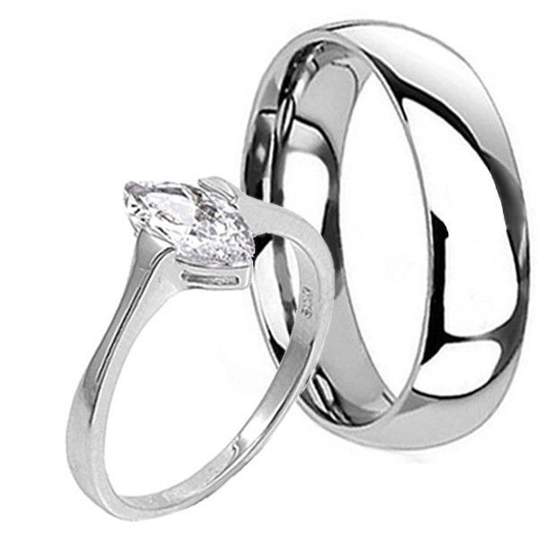 Promise Ring Engagement Ring And Wedding Ring Set
 His and Hers STERLING SILVER Titanium Wedding Promise Band