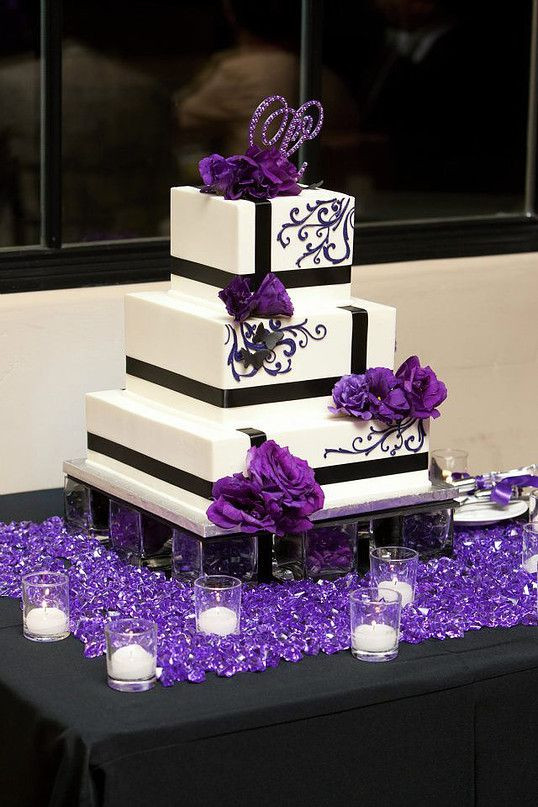 Purple And Black Wedding Cakes
 Black and Purple Detailed Square White Wedding Cake