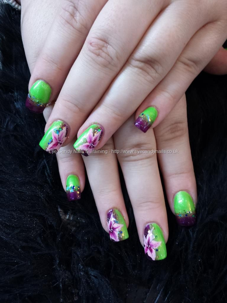 Purple And Green Nail Designs
 Lime green and purple fade with one stroke flower nail art