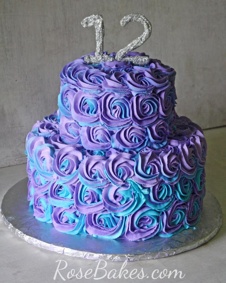 Purple Birthday Cakes
 Purple & Teal Swirled Buttercream Roses Cake