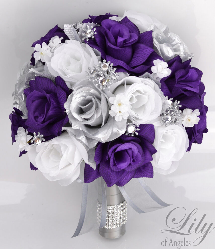 Purple Wedding Flower Arrangements
 17 Piece Package Silk Flower Wedding Bridal Bouquets Sets