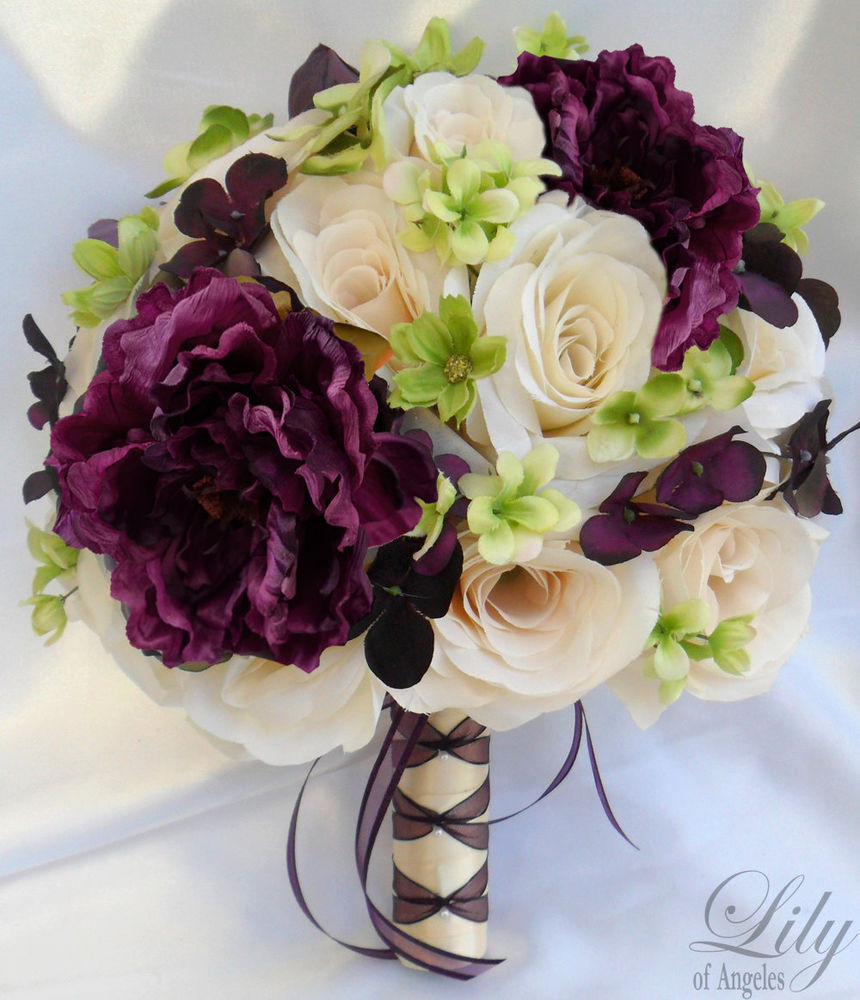 Purple Wedding Flower Arrangements
 17pc Wedding Bridal Bouquet Decoration Package Flower PLUM