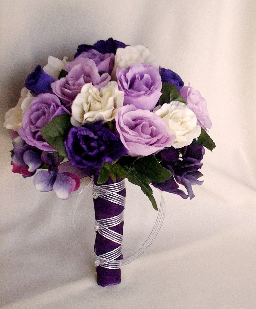 Purple Wedding Flower Arrangements
 Silk Purple Rose Bridal Bouquets Package Custom for Helen