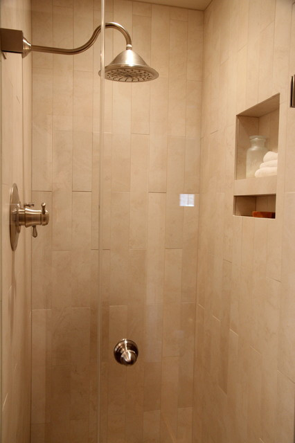 Rain Shower Bathroom
 Shower stall with rain shower head and niche for storing
