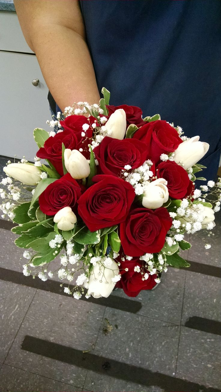 Red And White Wedding Flowers
 Red Roses White Tulips Babies Breath and Pitosporum