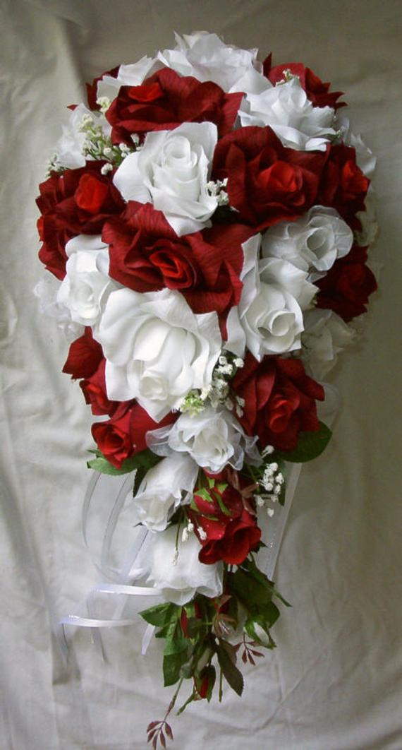 Red And White Wedding Flowers
 Silk Cascade Red and White Bridal Wedding bouquet 14 pc Free