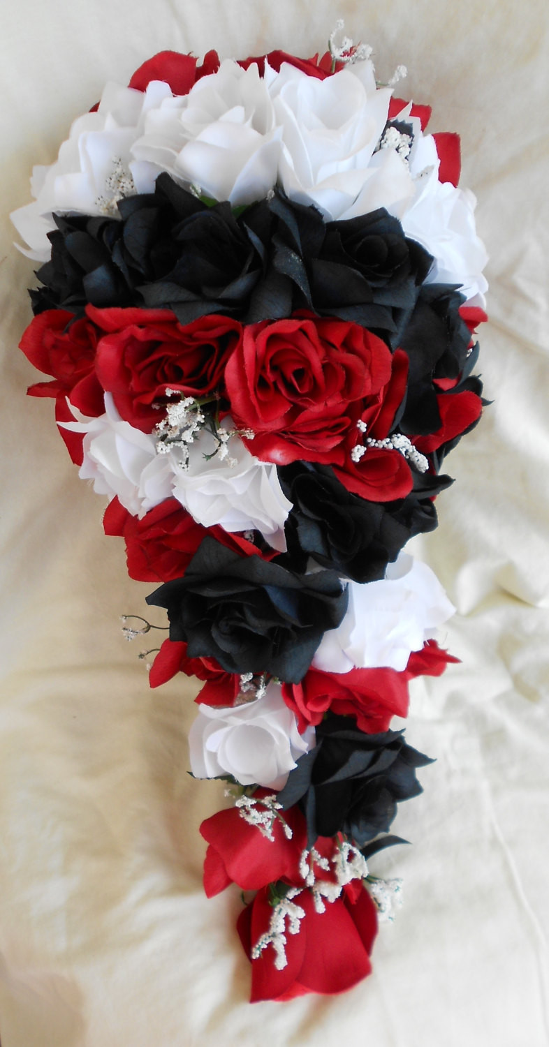 Red And White Wedding Flowers
 Silk Black red and white cascade wedding bouquet groom