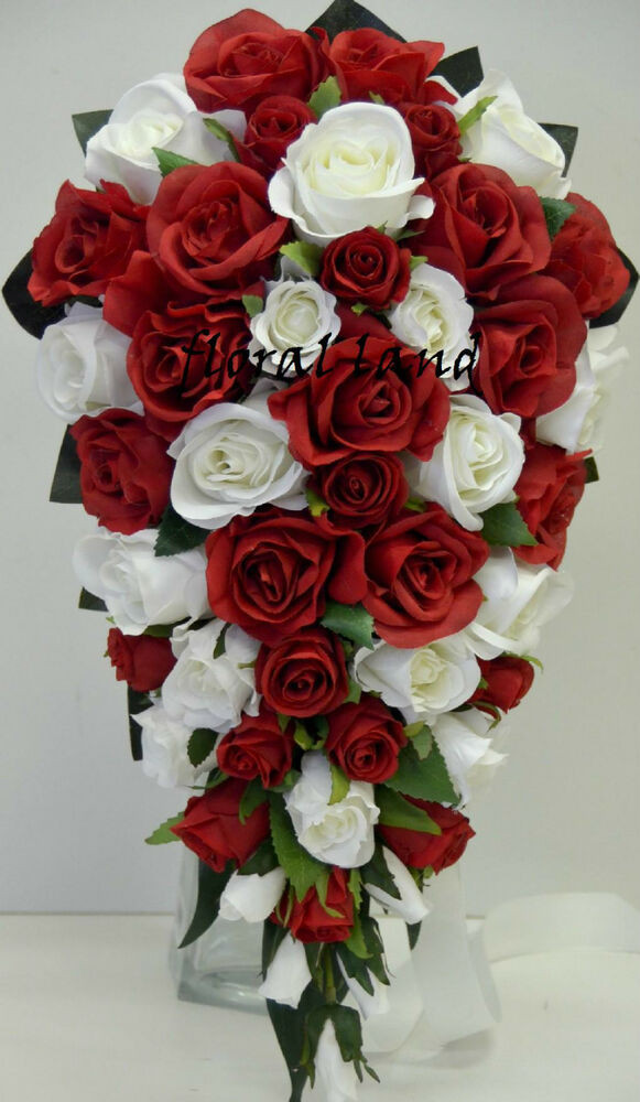 Red And White Wedding Flowers
 Wedding bouquet silk red white rose teardrop bouquets