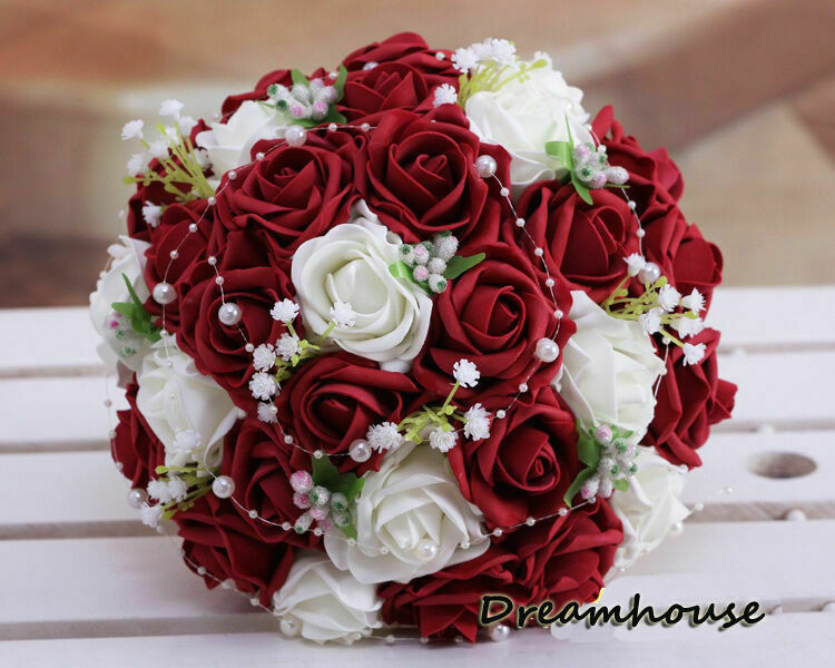 Red And White Wedding Flowers
 Wedding Bridal Bouquet Wine Red&Ivory Roses W Pearl