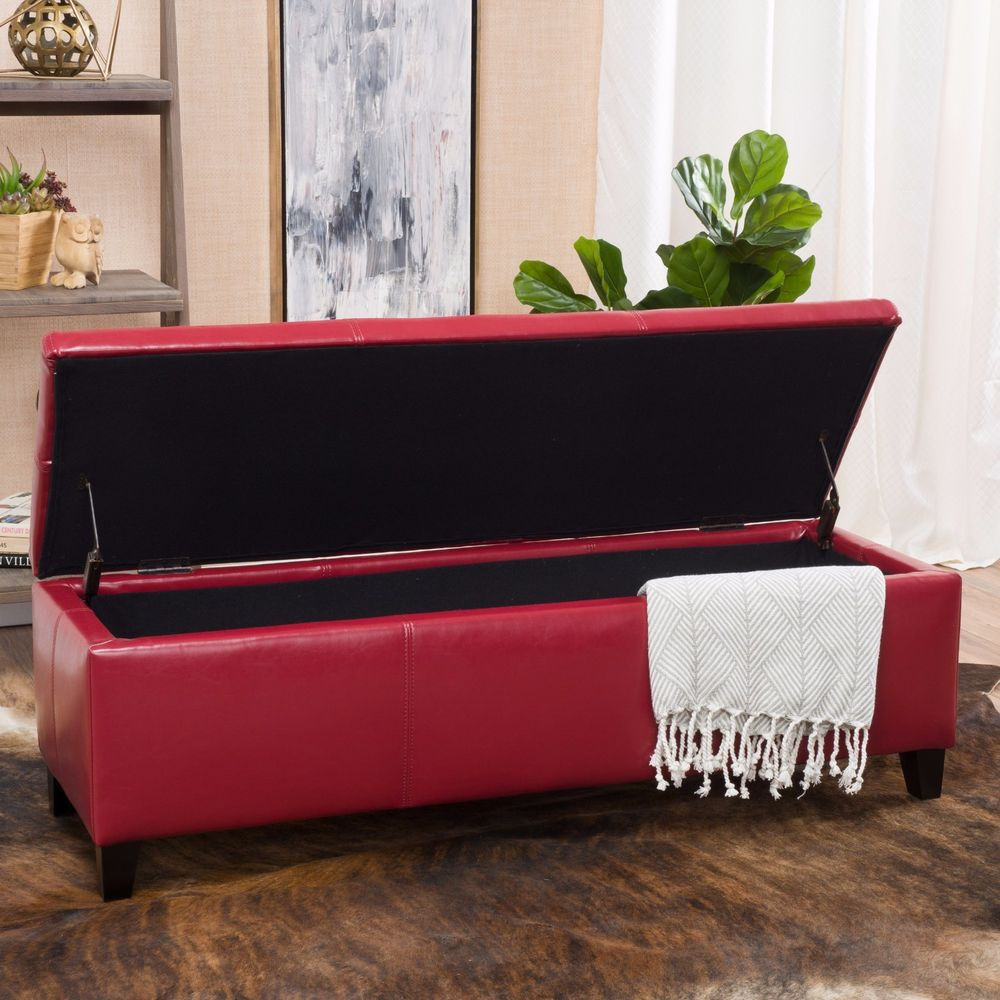 Red Leather Storage Bench
 Contemporary Red Leather Storage Ottoman Bench