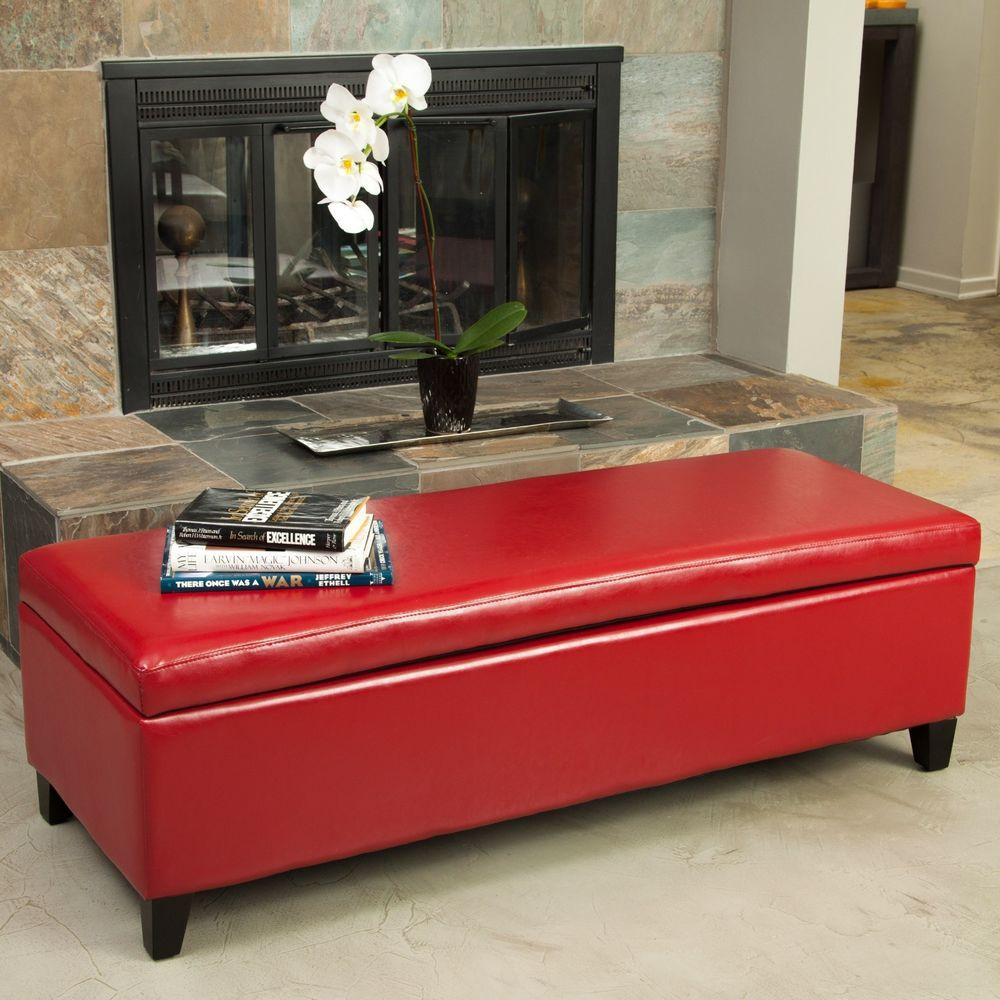 Red Leather Storage Bench
 Elegant Sleek Design Red Leather Storage Ottoman Bench